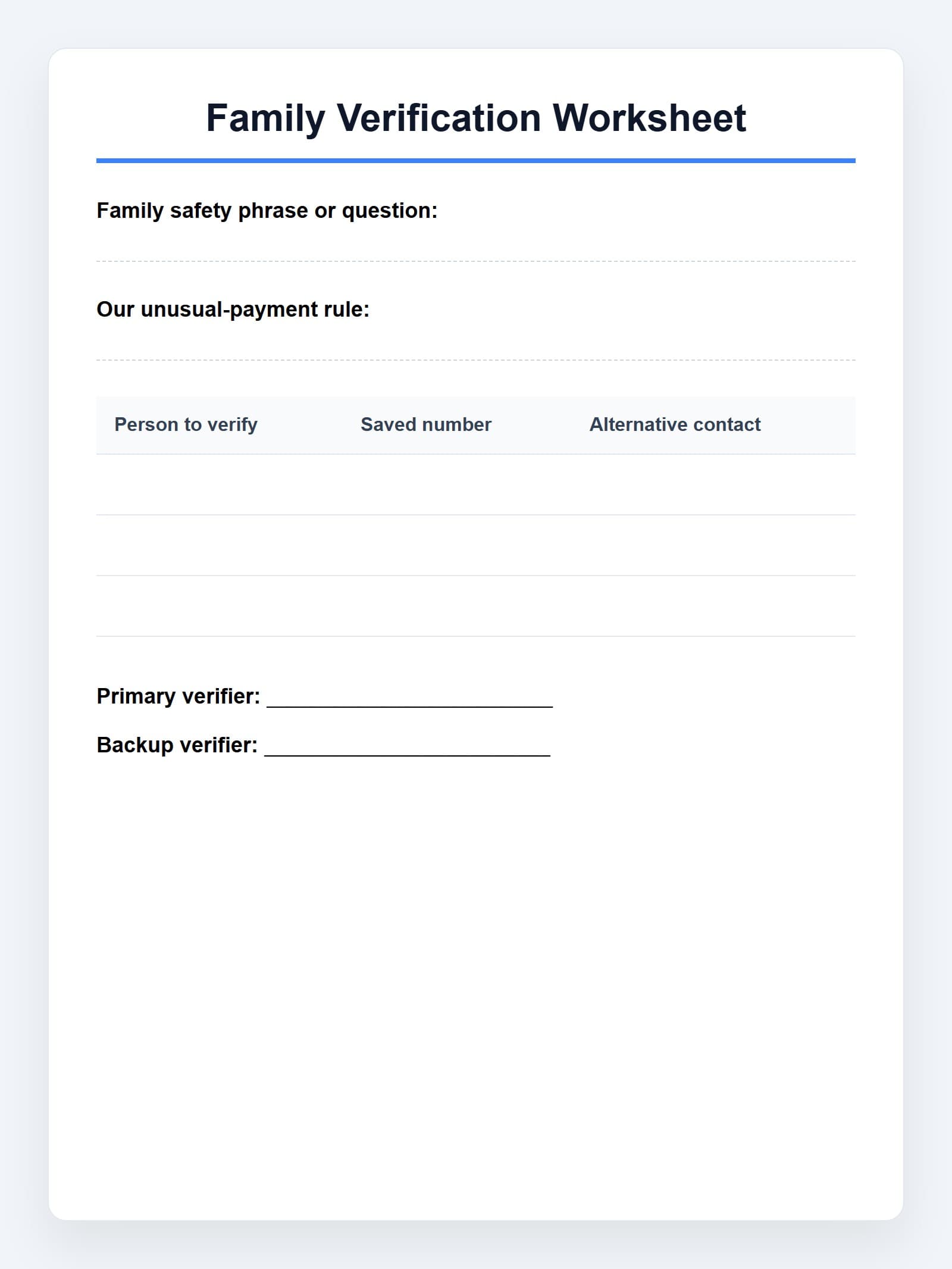 Family Verification Worksheet Preview