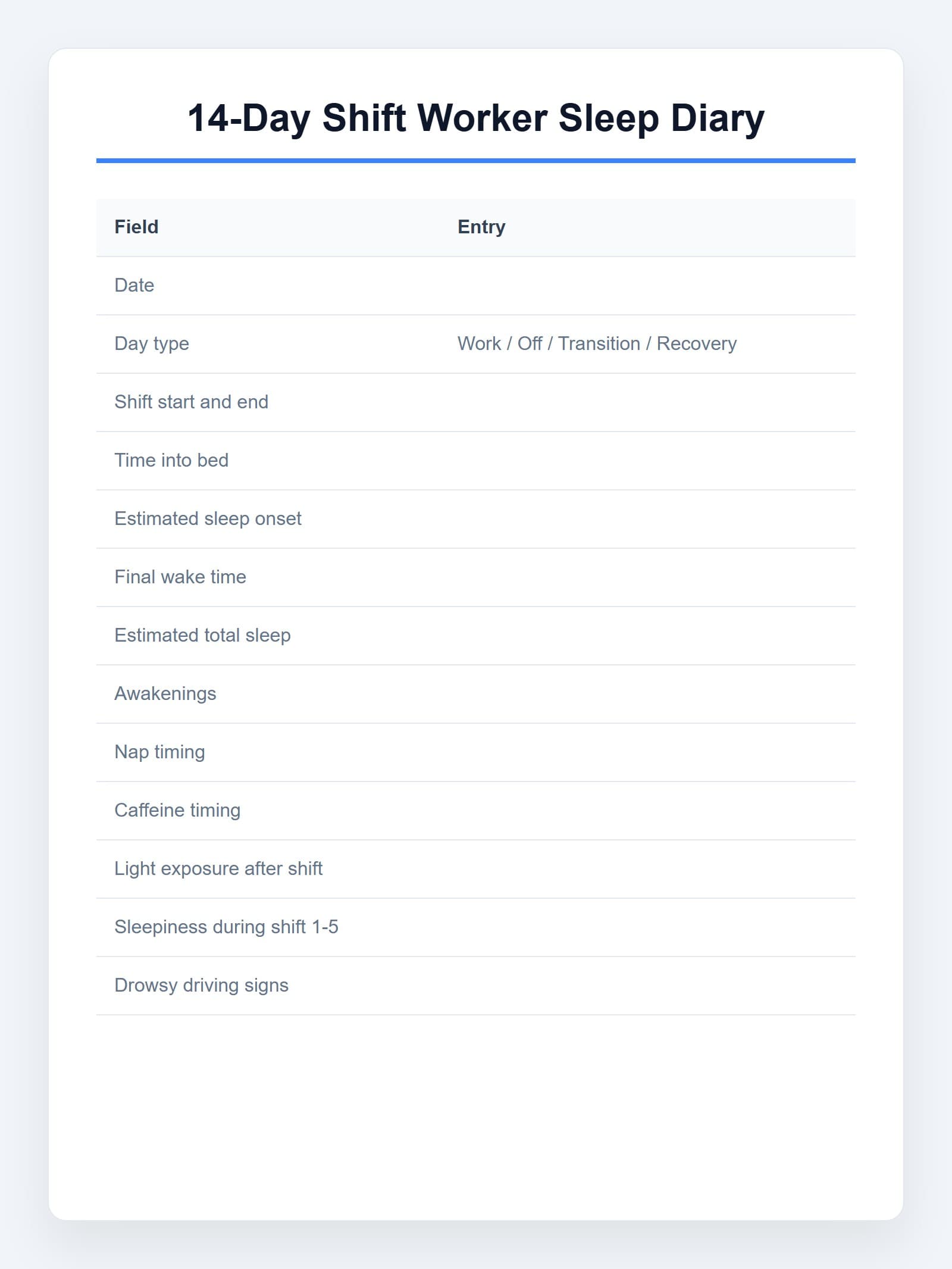 14-Day Shift Worker Sleep Diary Preview